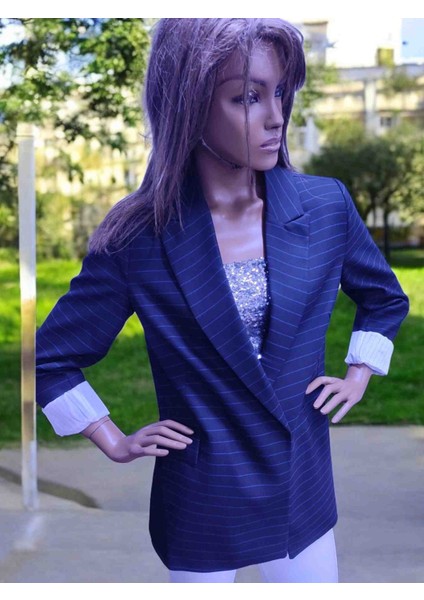 Siyah Mavi Çizgili Astarlı Katlamalı Kol Kadın Ceket