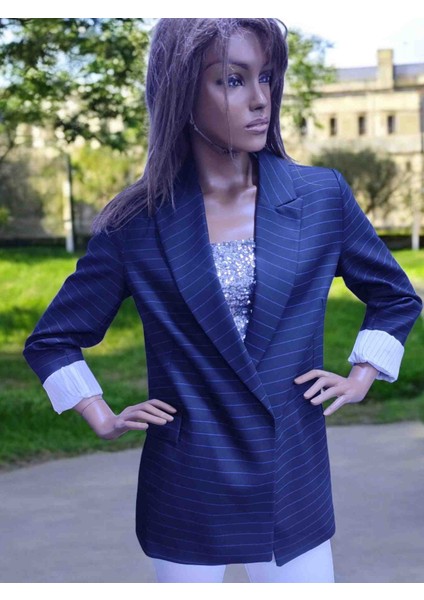 Siyah Mavi Çizgili Astarlı Katlamalı Kol Kadın Ceket fiyatları