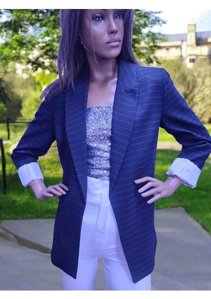Siyah Mavi Çizgili Astarlı Katlamalı Kol Kadın Ceket modelleri