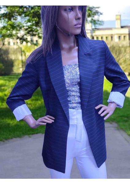 Siyah Mavi Çizgili Astarlı Katlamalı Kol Kadın Ceket fırsatları