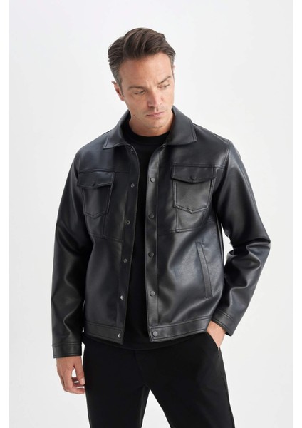 Su İtici Slim Fit Çıtçıtlı Mont Dar Kesim Suni Deri Gömlek Yaka Cepli D6589AX25SP