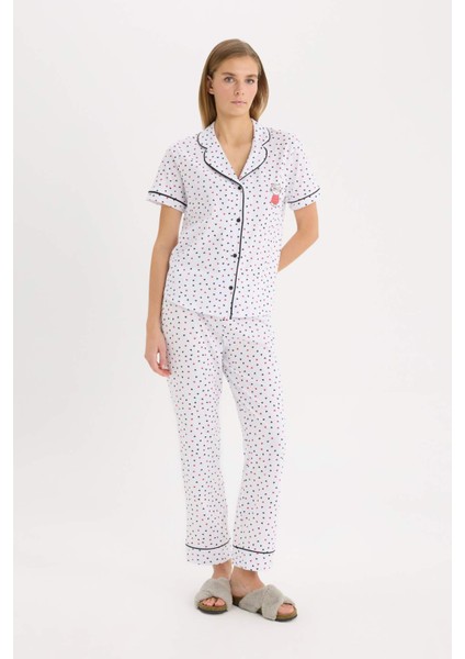 Pijama Takımı Kısa Kollu Düğmeli Üst Esnek Belli Uzun Altı-Fall in Love D8455AX25SP