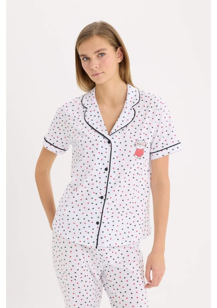 Pijama Takımı Kısa Kollu Düğmeli Üst Esnek Belli Uzun Altı-Fall in Love D8455AX25SP