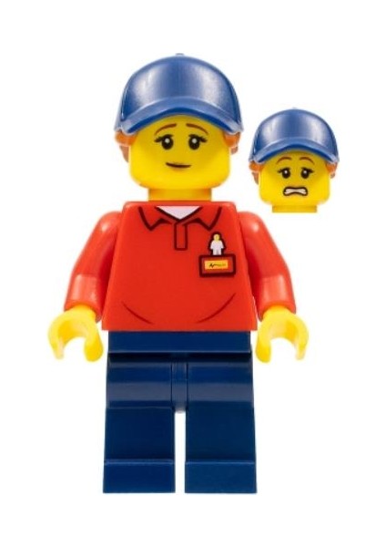 Minifigür - Legoland Park Worker Female With Dark Blue Hat And Dark Orange Ponytail, Red Polo Shirt With 'legoland' On Back And Dark Blue Legs LLP011