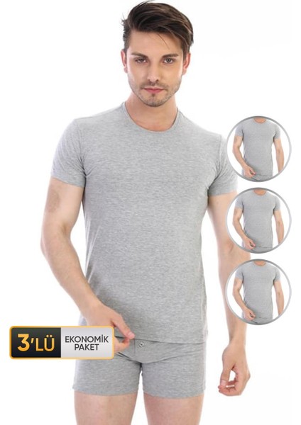 Erkek Elastanlı Gri Melanj T-Shirt 954 3'lü Ekonomik Paket