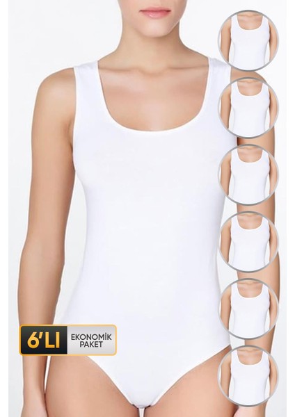 Kadın Geniş Askılı Beyaz Body 761 6'lı Ekonomik Paket