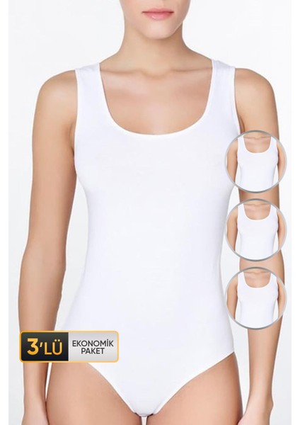 Kadın Geniş Askılı Beyaz Body 761 3'lü Ekonomik Paket