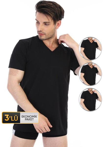 Erkek Süprem V Yaka Siyah T-Shirt 945 3'lü Ekonomik Paket