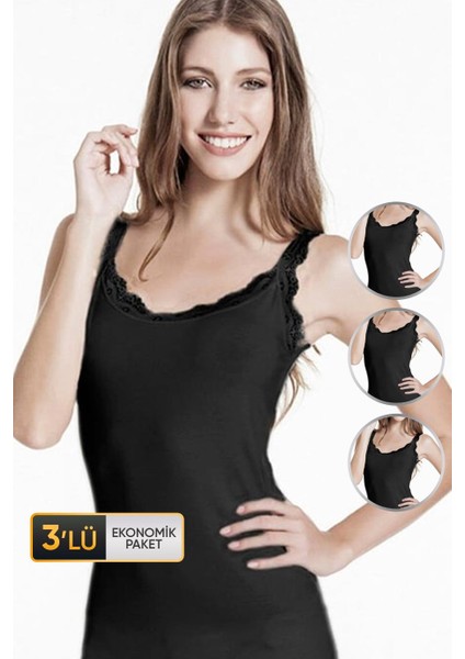 Kadın Elastanlı Dantelli Siyah Atlet 714 3'lü Ekonomik Paket