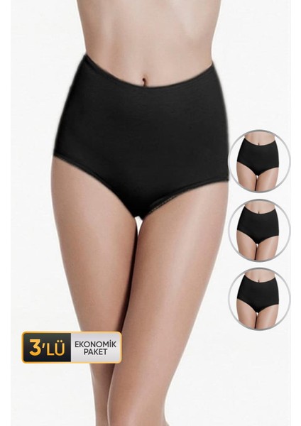 Kadın Elastanlı Yüksek Bel Siyah Külot 665 3'lü Ekonomik Paket