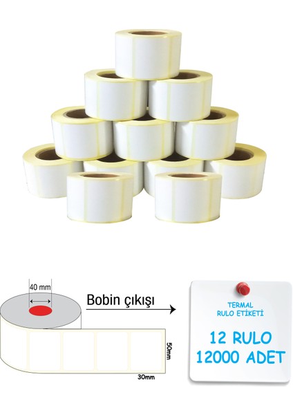 Termal Barkod Etiketi 30X50MM 12 Rulo 1000'LI Sarım