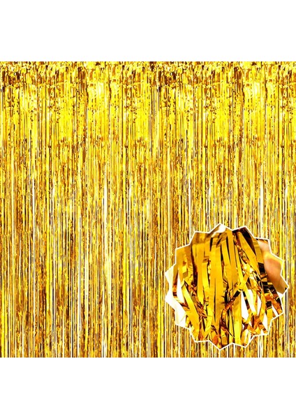 70728633 Altın Gold Renk Ekstra Metalize Parlak Saçaklı Arka Fon Perde Ithal 1x2 Metre