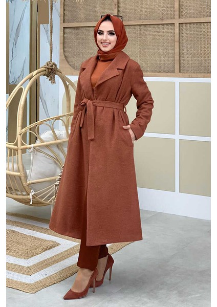 Bel Kuşaklı Astarlı Kaşe Kaban 7519 Kiremit