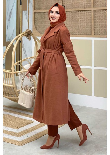 Bel Kuşaklı Astarlı Kaşe Kaban 7519 Kiremit