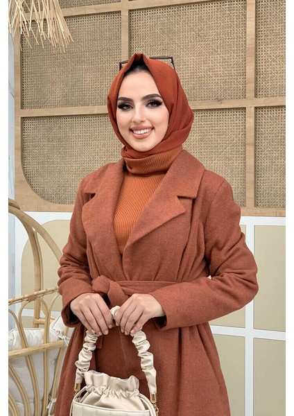 Bel Kuşaklı Astarlı Kaşe Kaban 7519 Kiremit