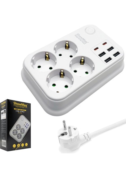 SH-4629 4lü Akım Korumalı Priz 2 Metre Anahtarlı 10A 2500 Watt 4xusb 2xtype-C