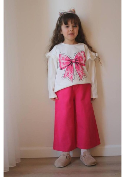 Fiyonk Baskılı Omuz Detaylı Sweat Gabardin Pantolon kız çocuk takım - Pembe fiyatları