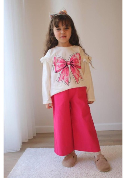 Fiyonk Baskılı Omuz Detaylı Sweat Gabardin Pantolon kız çocuk takım - Pembe modelleri