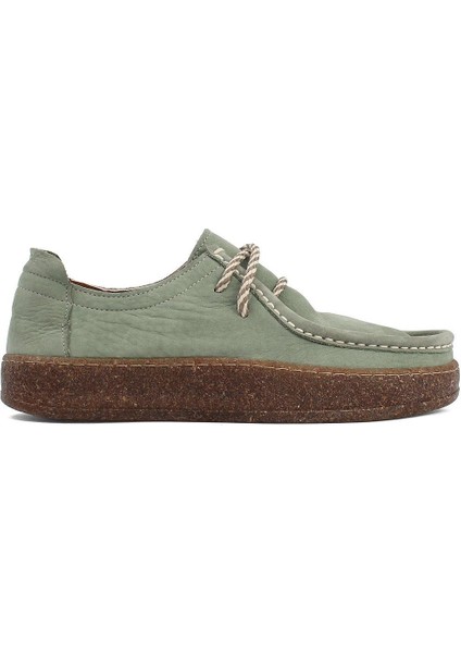 Kadın Yeşil Bağcıklı Kalın Tabanlı Nubuk Deri Ayakkabı