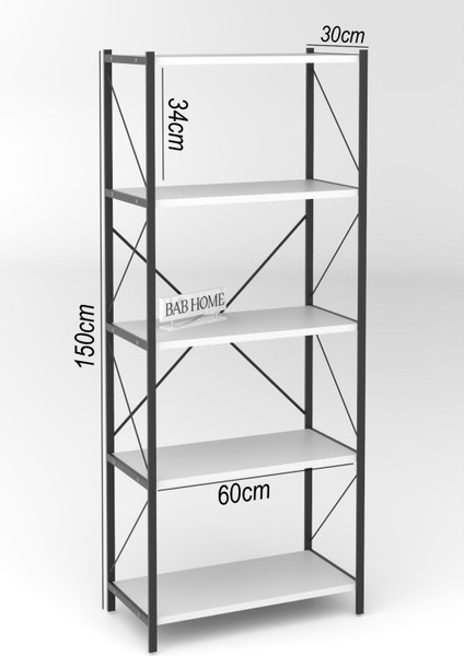 Dekoratif 5 Raflı Metal Kitaplık Dosya Kitap Rafı Ofis Rafı Beyaz