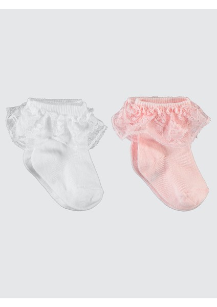 Kız Bebek 2'li Çorap Set 6-18 Ay Beyaz-Pembe