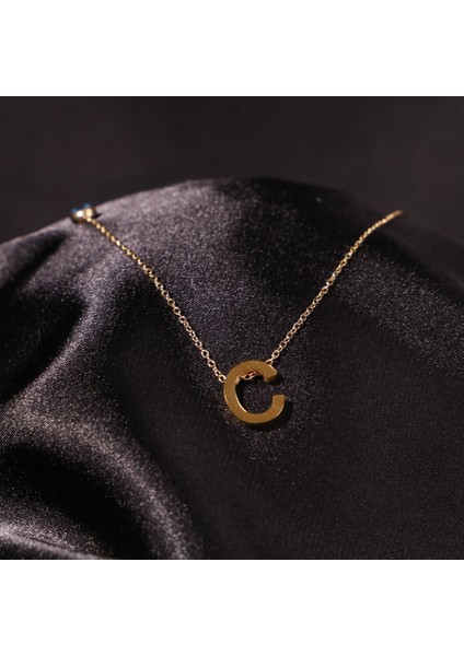 Çelik Kadın Kolye, Gold Renk Harf Kolye, Nazar Boncuklu NO.137A
