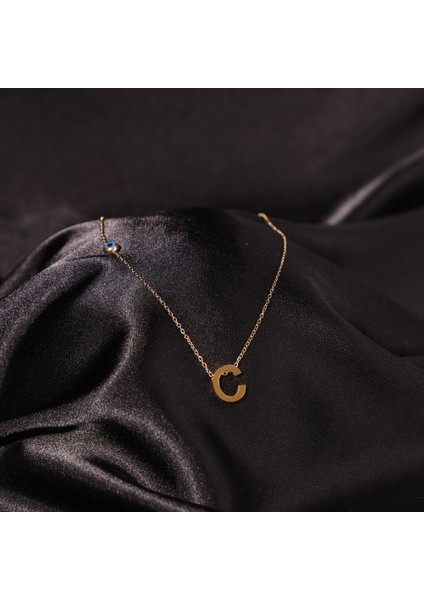 Çelik Kadın Kolye, Gold Renk Harf Kolye, Nazar Boncuklu NO.137A