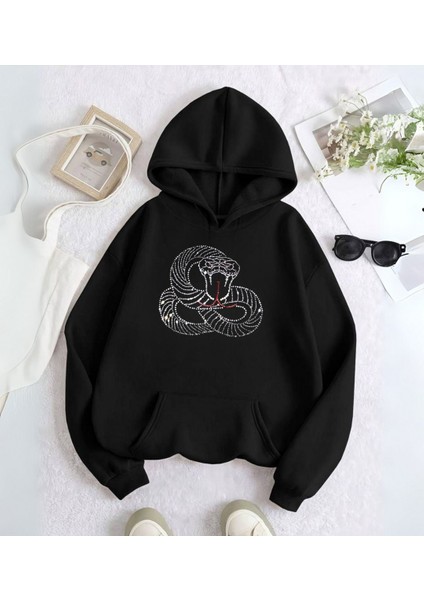 Snake Web Taş Işleme Detail Baskılı Kapşonlu Sweatshirt