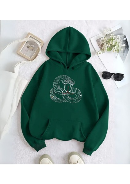 Snake Web Taş Işleme Detail Baskılı Kapşonlu Sweatshirt