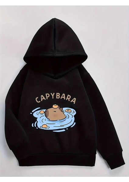 Capybara Siyah Kapşonlu Sweatshirt