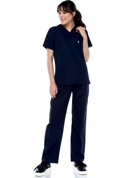 Lacivert Zarf Yaka Hastane Üniforması Kadın Hemşire Üniforması Doktor