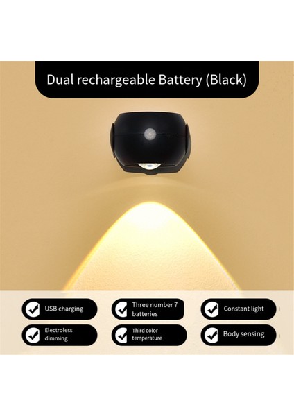 LED Duvar Aplik Hareket Sensörü, Yatak Odası Için 3 Renkli Gün Batımı Duvar Lambası, Duvar Lambası, Şarj Edilebilir Resim Işıkları Siyah (Yurt Dışından)