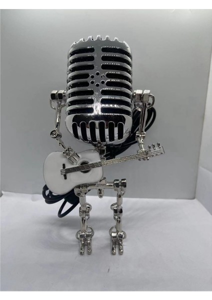Mikrofon Lambası - Lamba Başlığı Vintage Metal Mikrofon Robot Masa Lambası Retro Stil Ev Süsleri, Kırmızı ve Gümüş (Yurt Dışından)