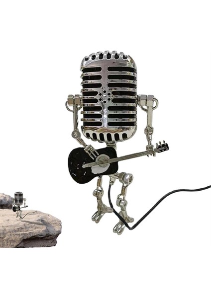 Mikrofon Lambası - Lamba Başlığı Vintage Metal Mikrofon Robot Masa Lambası Retro Stil Ev Süsleri, Kırmızı ve Gümüş (Yurt Dışından)