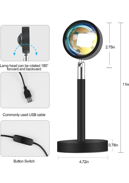 Gün Batımı Lamba Projektörü, 180 Derece Dönüş Gün Batımı Projeksiyon Işığı LED Gece Lambası USB Portlu Zemin Lambası (Yurt Dışından)
