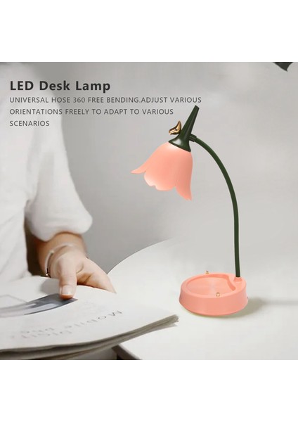 Çiçek LED Masa Lambası Öğrenci Yatak Odası Aydınlatma Iletişim Okuma Göz Koruması USB Çiçek Abajur Masa Lambası, Pembe (Yurt Dışından)