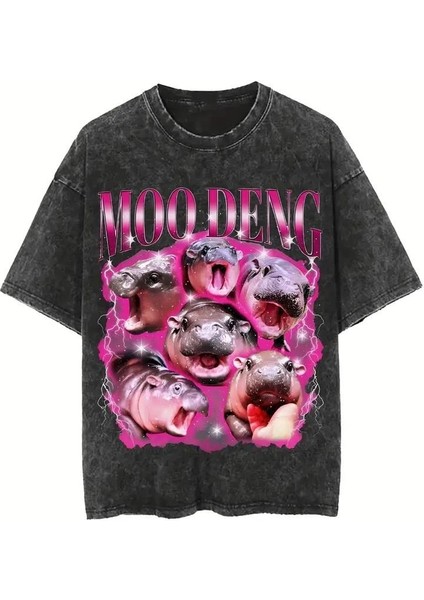 Yıkamalı Moo Deng Baskılı Oversize Vintage T-Shirt