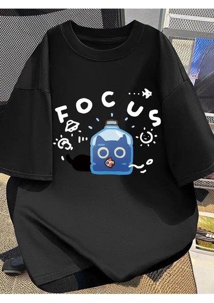 Focus Cat Baskılı Siyah T-Shirt