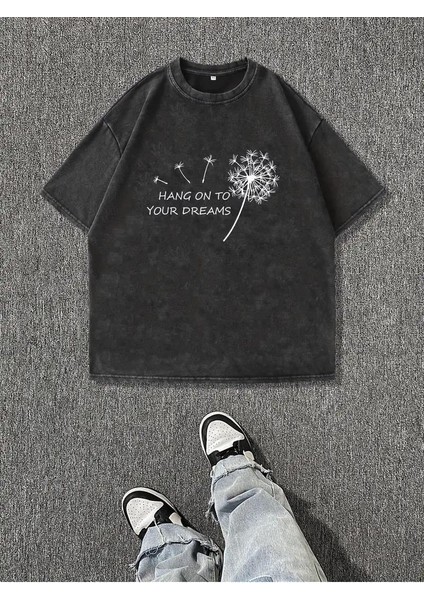 Yıkamalı Hang On To Your Dreams Baskılı Oversize Vintage T-Shirt