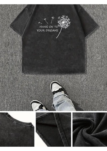 Yıkamalı Hang On To Your Dreams Baskılı Oversize Vintage T-Shirt