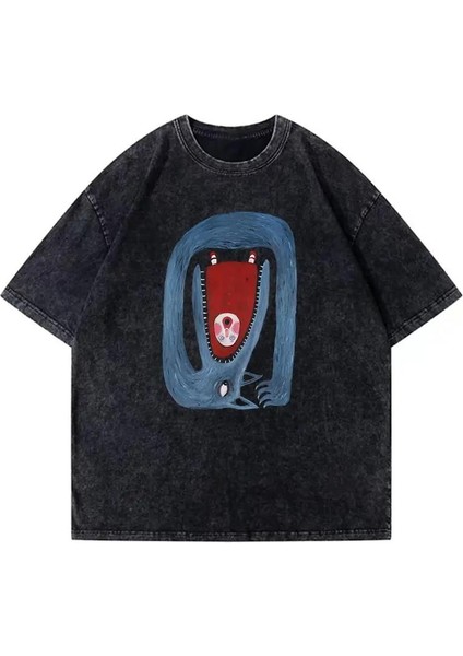 Yıkamalı Kurt Ve Kırmızı Başlıklı Kız Oversize Vintage T-Shirt