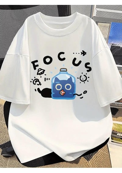 Focus Cat Baskılı Beyaz T-Shirt
