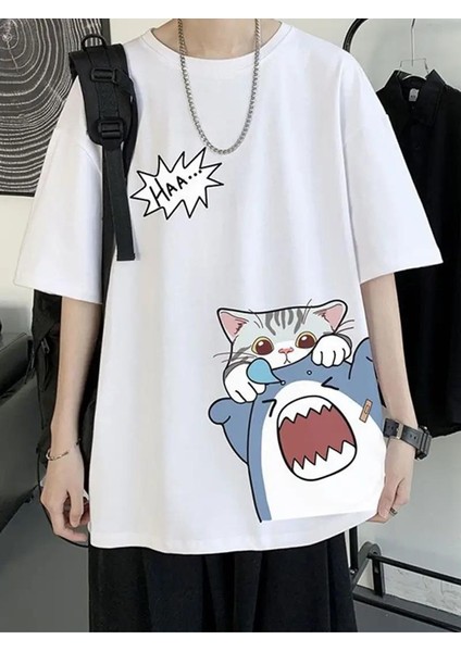 Shark & Cat Beyaz T-Shirt
