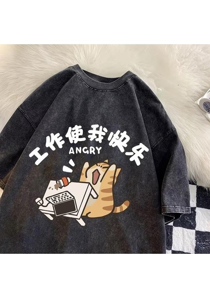 Yıkamalı Angry Cat Oversize Vintage T-Shirt