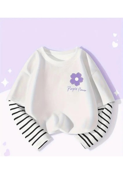 Purple Flower Uzun Kollu Beyaz T-Shirt