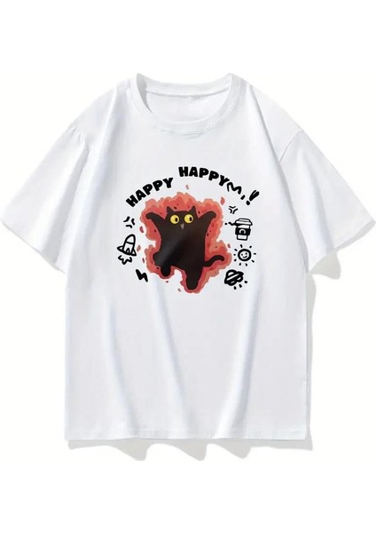 Happy Cat Baskılı Beyaz T-Shirt