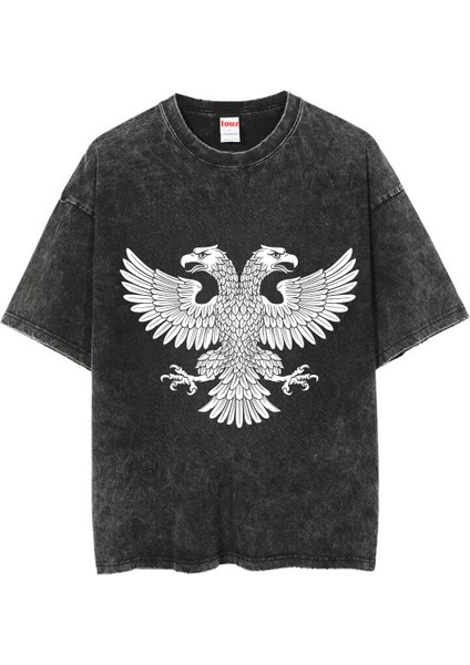 Yıkamalı Çift Başlı Kartal Baskılı Oversize Vintage T-Shirt
