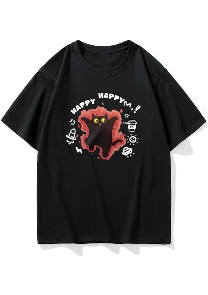 Happy Cat Baskılı Siyah T-Shirt