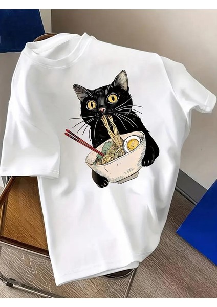 Sushi Black Cat Baskılı Oversize T-Shirt