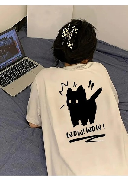 Sırt Baskılı Wow Cat Beyaz T-Shirt